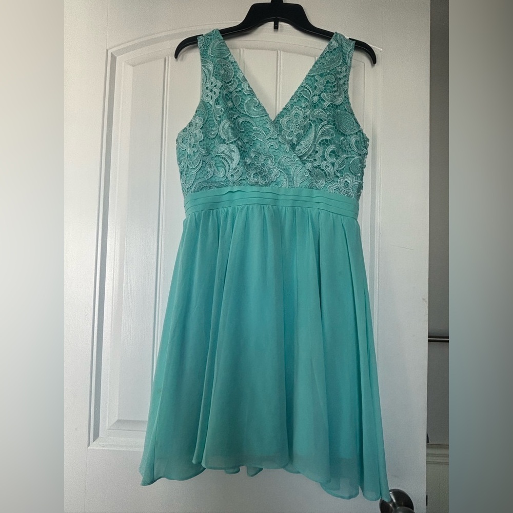 Little Mistress Turquoise Lace Detail Chiffon Dress Size 8